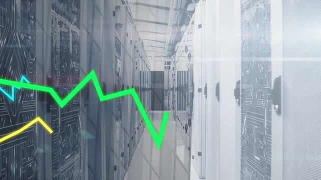 Camera advancing datacenter aisle, green cyan yellow trend lines appearing, monitoring server stats