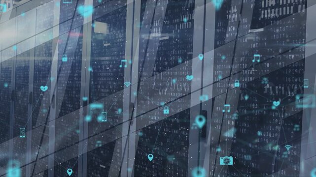 Binary data streaming initiating cyan icons filling glass facade, visualizing technology network