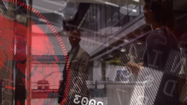 Man pausing at elevator, woman tapping tablet and showing red HUD numbers for business floor choice