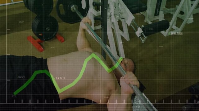 Man performing bench press in fitness gym, exhaling and lowering barbell, syncing chart grid rising