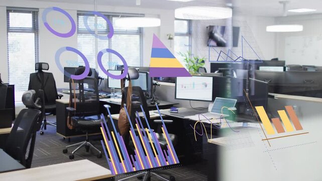 Data feed driving data on glass open office camera shifting charts fading showing business trends