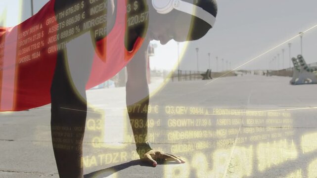 Man performing push-ups from low position on promenade, financial overlay tracking workout progress