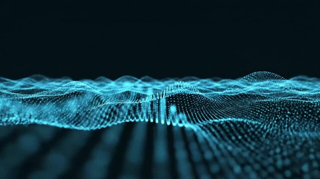 Abstract digital waveform with glowing blue particles on a dark background.