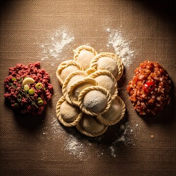 Flat lay of uncooked meat pastels, seasoned minced beef, and a rich tomato dipping sauce on a rustic burlap background.