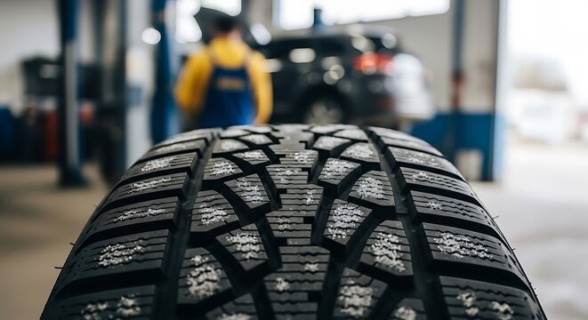 Close-up of a tire with a blurred mechanic and car in a garage