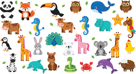 Cute Cartoon Animal Collection with Panda, Fox, Whale, Owl, Giraffe, Dolphin, Unicorn, and More, Colorful Wildlife Set for Kids Illustration and Education © Minara