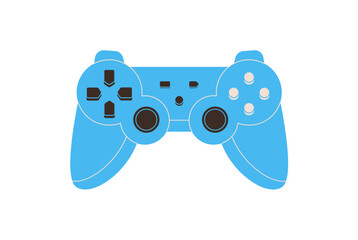 Retro gamepad in flat style as blue controller label. Joystick and arcade gadget for videogame and console play, ideal for player or game device themes, clean minimal pop culture use. © Olga Teplova