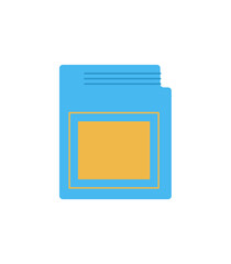 Retro console cassette in flat style. Classic videogame patch as blue and yellow gadget with technology for player and video game. Vintage entertainment icon, perfect for gamer art. © Olga Teplova