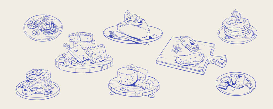 Whimsical mediterranean brunch doodle set in blue line style. Hand drawn breakfast food with pancakes, cake and croissant as cozy cafe meal. Cute bakery icon pack for menu, restaurant card or brunch