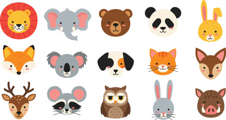 Fototapeta premium Cute Animal Face Icons Set with Lion, Elephant, Bear, Panda, Fox, Koala, Dog, Cat, Owl, Rabbit, and More Cartoon Wildlife Characters