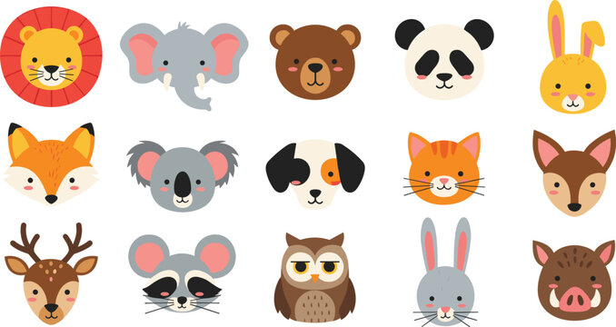 Cute Animal Face Icons Set with Lion, Elephant, Bear, Panda, Fox, Koala, Dog, Cat, Owl, Rabbit, and More Cartoon Wildlife Characters
