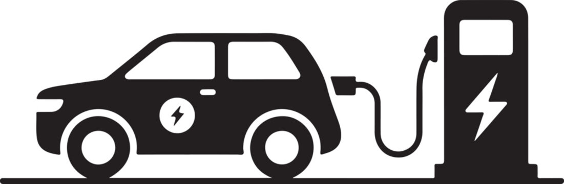 Electric car charging station icon, black silhouette of EV vehicle at power point, sustainable transport vector illustration for green energy