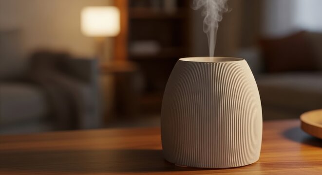 Matte ribbed ceramic aroma diffuser emitting mist in a softly lit cozy room