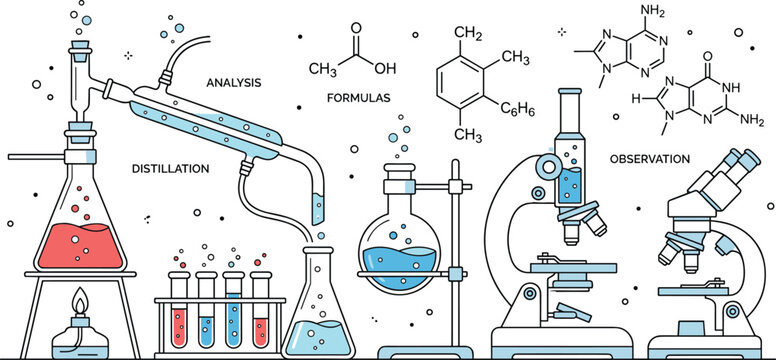 Chemistry laboratory processes illustration with distillation analysis formulas and microscope observation, scientific research workflow and experiment setup minimal flat design
