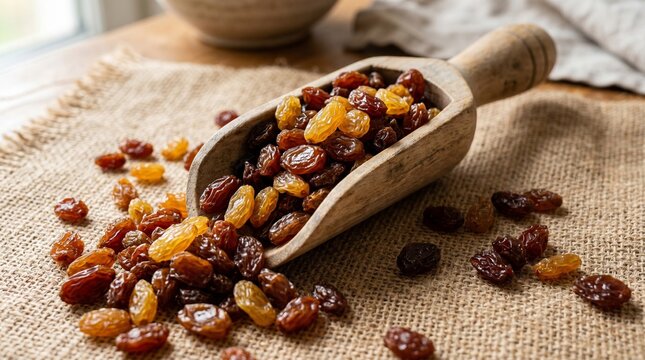 Golden raisins with wooden scoop on burlap cloth background.