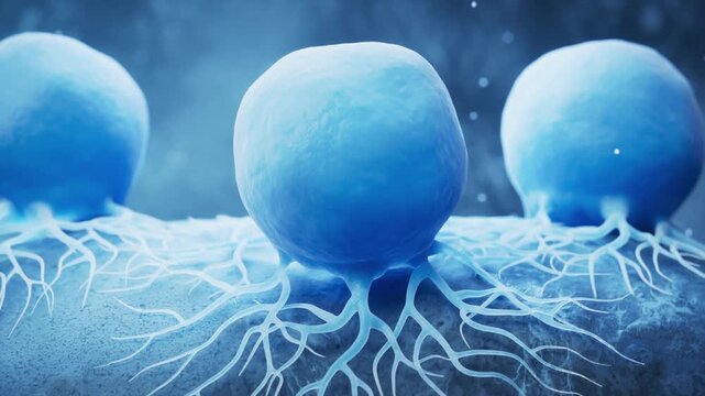 Microscopic view of blue spherical cells with root-like structures on a textured surface, scientific animation.