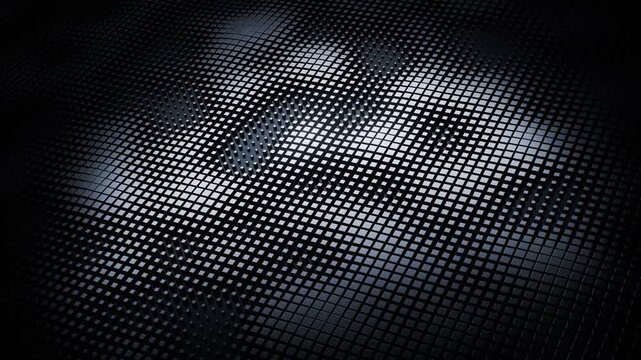 Abstract dark metallic grid surface with dynamic wave motion and glowing white light reflections creating futuristic pattern.