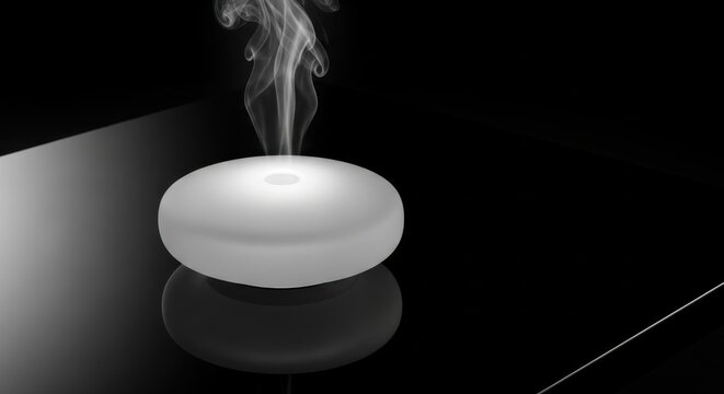 Modern frosted glass diffuser emitting subtle wisps of vapor on a dark background