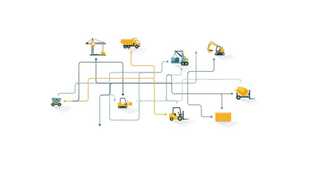 Fototapeta premium Smart Logistics and Global Supply Chain Network Concept with Connected Heavy Machinery and Construction Equipment Vector Illustration