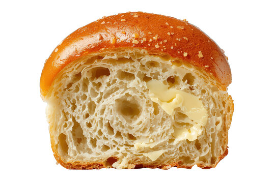 Brioche bun in a cross-section, revealing its soft, airy crumb texture with fresh butter melting subtly, transparent background
