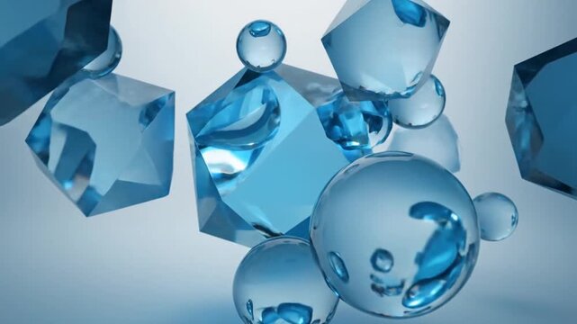 Collection of transparent blue glass spheres and polyhedrons on a gradient background.