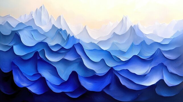 Abstract mountain landscape painting with varying shades of blue and white hues
