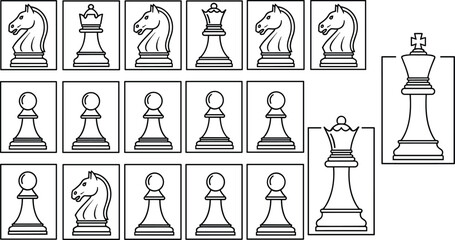 Chess pieces outline icon set, black line vector collection of king queen knight pawn, strategy board game isolated design © MDRAKIB