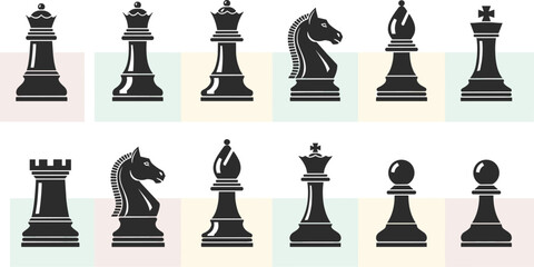 Chess pieces silhouette set, black vector icons of king queen rook bishop knight pawn, strategy board game concept illustration classic © MDRAKIB