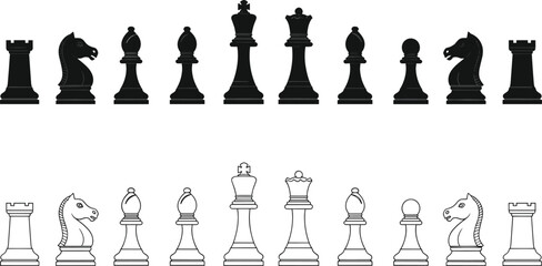 Full chess pieces collection silhouette and outline, black white vector icons, classic strategy board game elements isolated design set © MDRAKIB