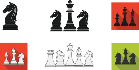Chess knight and king pieces collection, black and white vector icons, strategy board game symbols, flat design illustration set © MDRAKIB