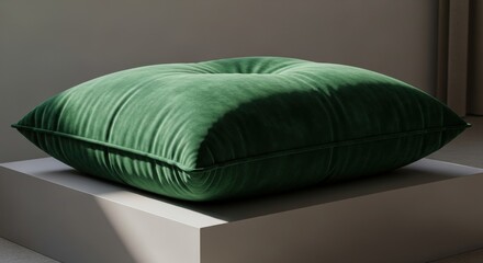 Fototapeta premium A large, emerald green velvet cushion with tufted details rests on a white surface