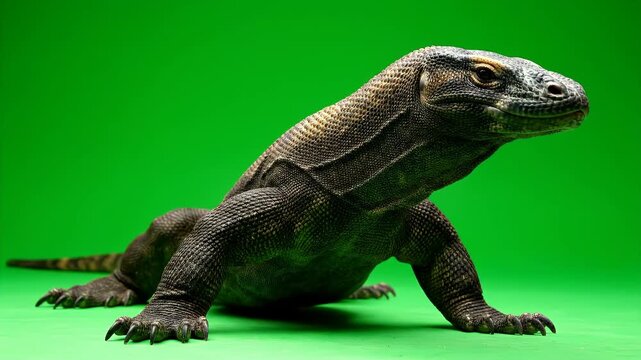 A large Komodo dragon standing on green background indoors