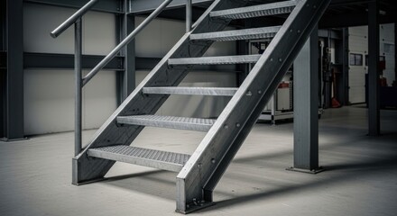 Naklejka premium Industrial steel staircase with open risers and metal grating steps inside a modern building.