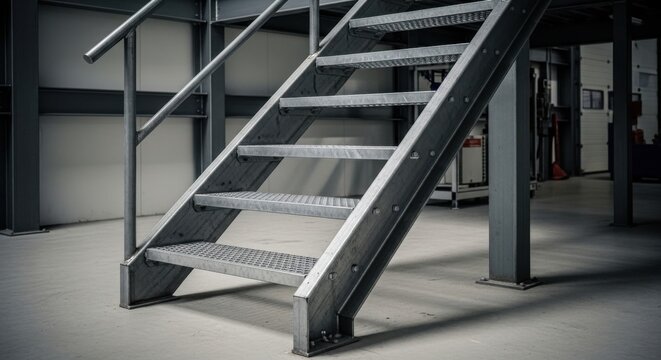 Industrial steel staircase with open risers and metal grating steps inside a modern building.