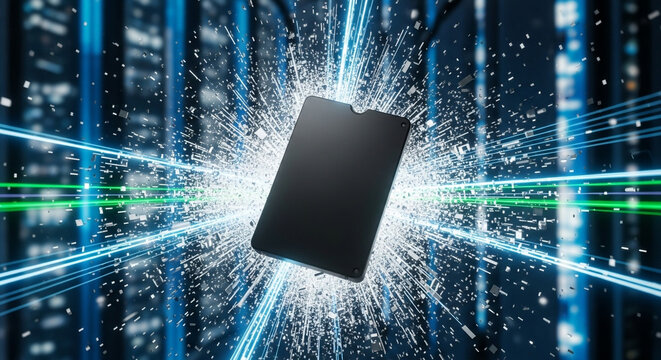 Immense speed concept with solid state drive and shimmering data trails