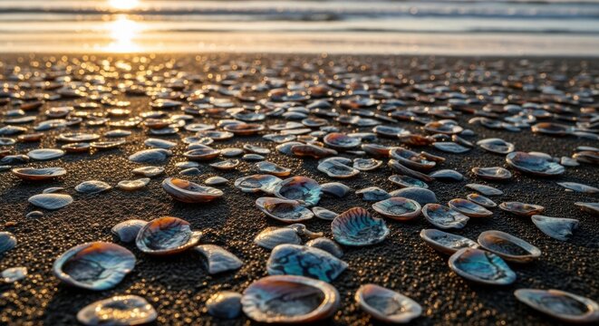 Scattered iridescent abalone shell fragments shimmer on a sandy beach at sunset