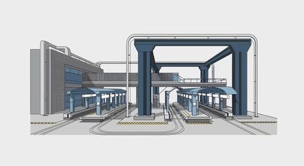 Naklejka premium Modern industrial manufacturing plant with automated robotic assembly lines and logistics systems
