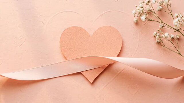 Delicate Pink Heart with Ribbon and Flowers Valentines Day Elegance.