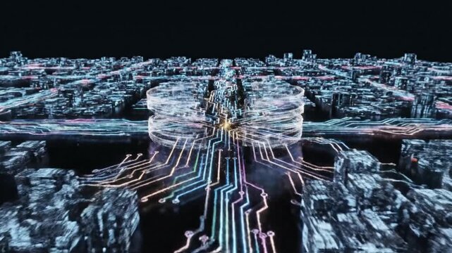 Digital Networked Brain: A mesmerizing view of a digitized brain, interconnected with circuits, highlighting the complexity of information processing.