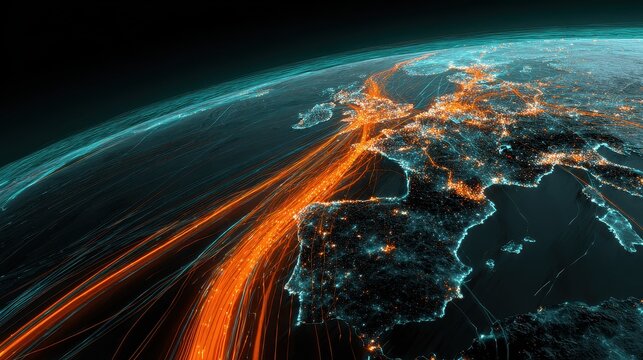 Global investment pathways visualized as glowing highways across Earth, futuristic realism, teal orange palette, 3D render, finance concept.