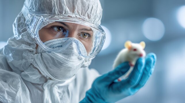 Woman scientist in protective gear holding white lab mouse for experiment. Clinical research study in laboratory. Medical testing, biotechnology and pharmaceutical development science