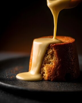 Golden bread pudding with a very soft and moist texture, served like a 5-star hotel, glossy creamy custard pudding sauce slowly poured around the pudding