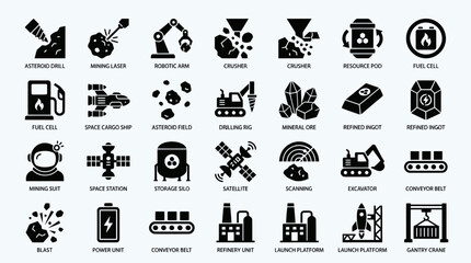 Obraz premium Asteroid Mining and Space Industry Resource Extraction Process Icon Set