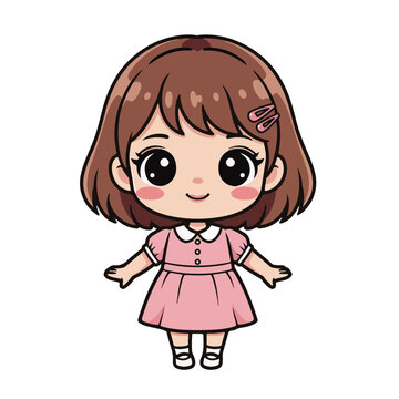 Adorable Chibi Anime Style Girl Vector Illustration in Pink Dress, Cute Cartoon Character Artwork for Children's Content and Digital Design Projects, Artboard inspired graphic