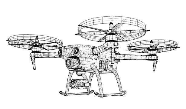 Drone wireframe 3D vector rendering quadcopter mesh technical blueprint illustration