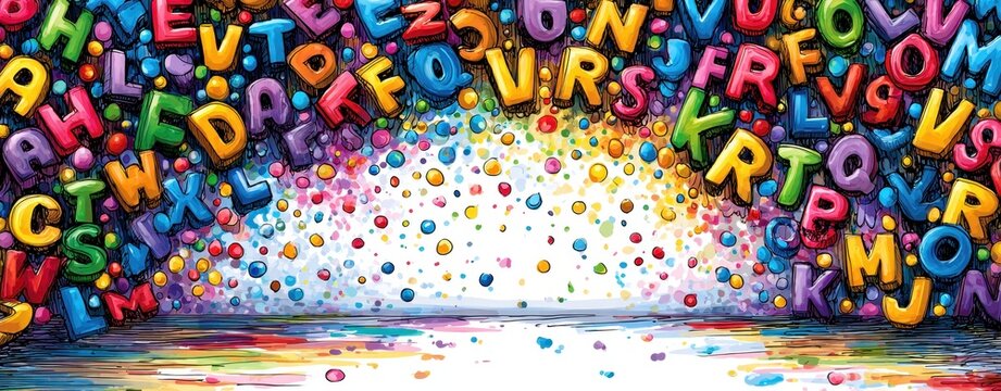 Vibrant Alphabet Explosion Banner: Colorful cartoon letters and confetti creating a dynamic frame for education, literacy, and creative learning concepts.