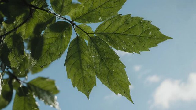 Tree Leaves in Fresh Air. Basic Needs of Living Things (Water, Food, Air). Environmental Education. tree leaves gently moving in clean air, set in a simplified outdoor studio environment

