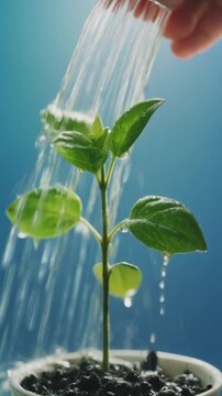 Watering Young Plant. Basic Needs of Living Things (Water, Food, Air). Life Science Education. a small green plant being gently watered by hand, set in an open garden studio environment
