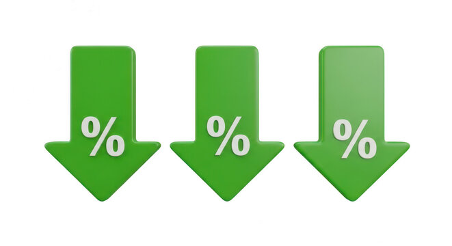Three green downward arrows with percentage symbols indicating a decrease in value isolated on transparent background