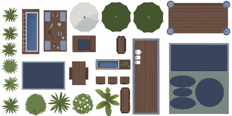 Top down view of various outdoor furniture and landscape elements © Kabita